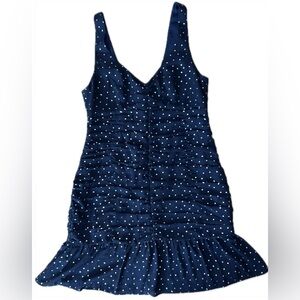 BCBGGeneration Dark Blue Multicolored Polka Dots Ruched Sleeveless Dress